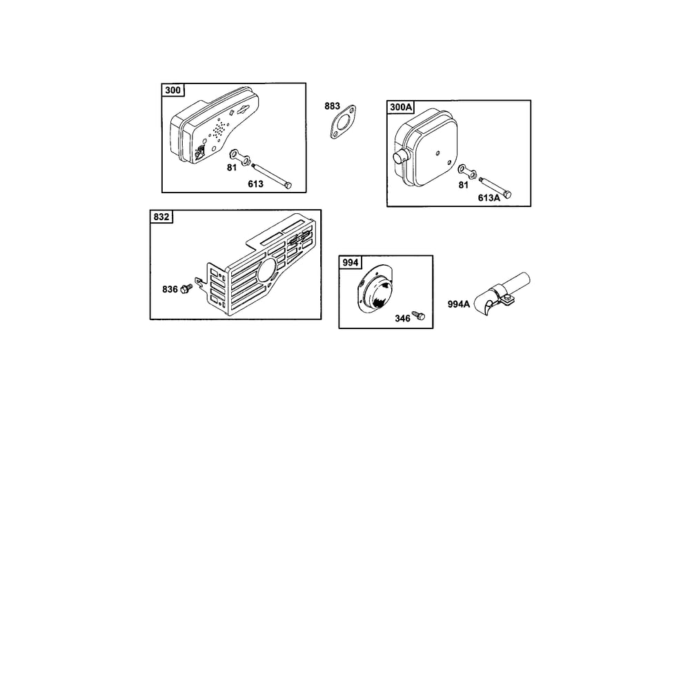 Exhaust Muffler Diagram and Parts List for 12C800TO12C899  Briggs and Stratton Engine